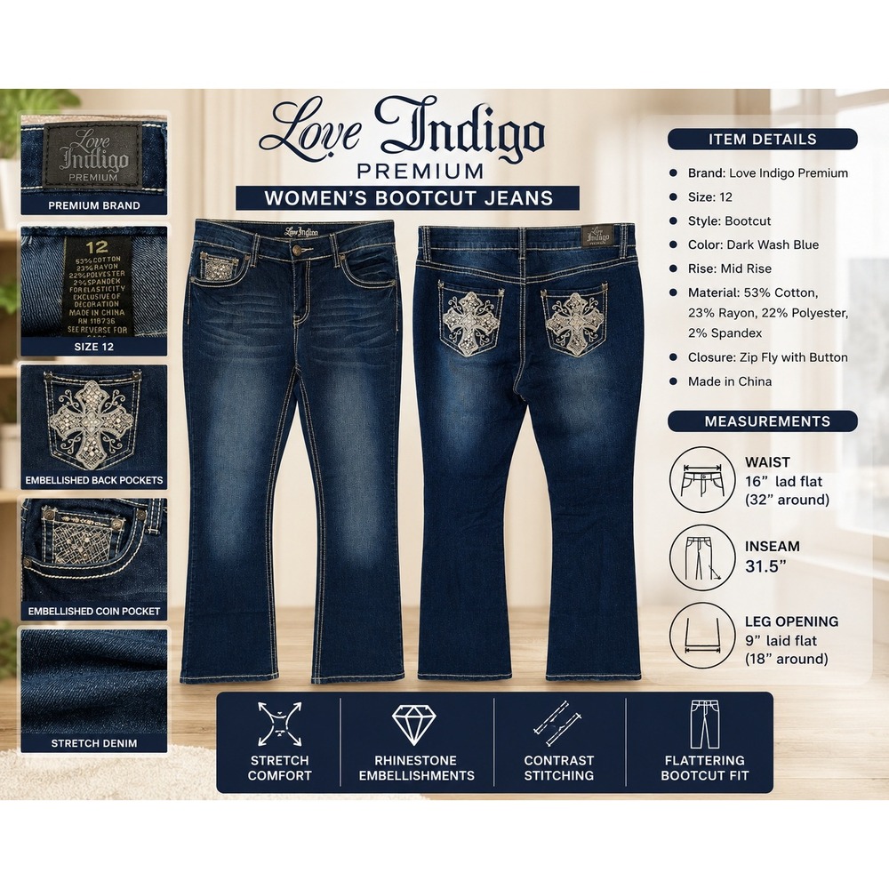 Love Indigo Premium Womens Bootcut Jeans Dark Wash Rhinestone Cross Blue Size 12